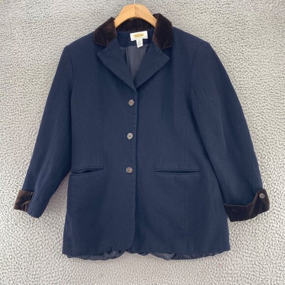 Talbots Coat Womens 8 Petite Navy Worsted Wool Velvet Trim Button Pocket Vintage - Picture 1 of 10